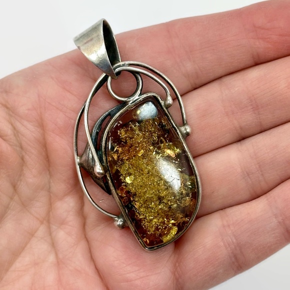 Jewelry - Amber Pendant, Sterling Silver, Large Stone, Modern, Unique, Contemporary